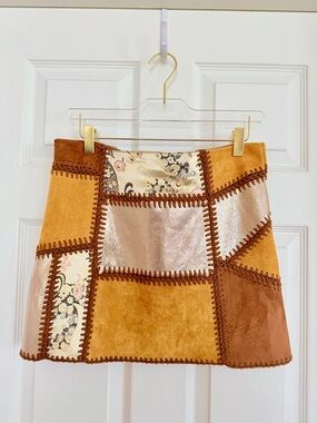 🌞 Nasty Gal Yellow Patchwork Mixed Media Vegan Leather Suede Mini Skirt Small S